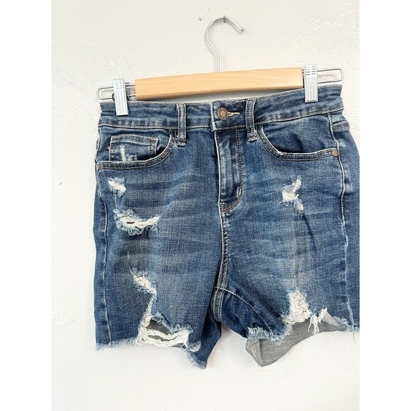 Judy Blue Small High Rise Cut Off Bermuda Distressed Denim Shorts Med Wash - Picture 1 of 6